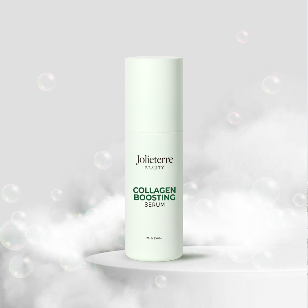Jolieterre Beauty collagen boosting serum bottle on a light gray background